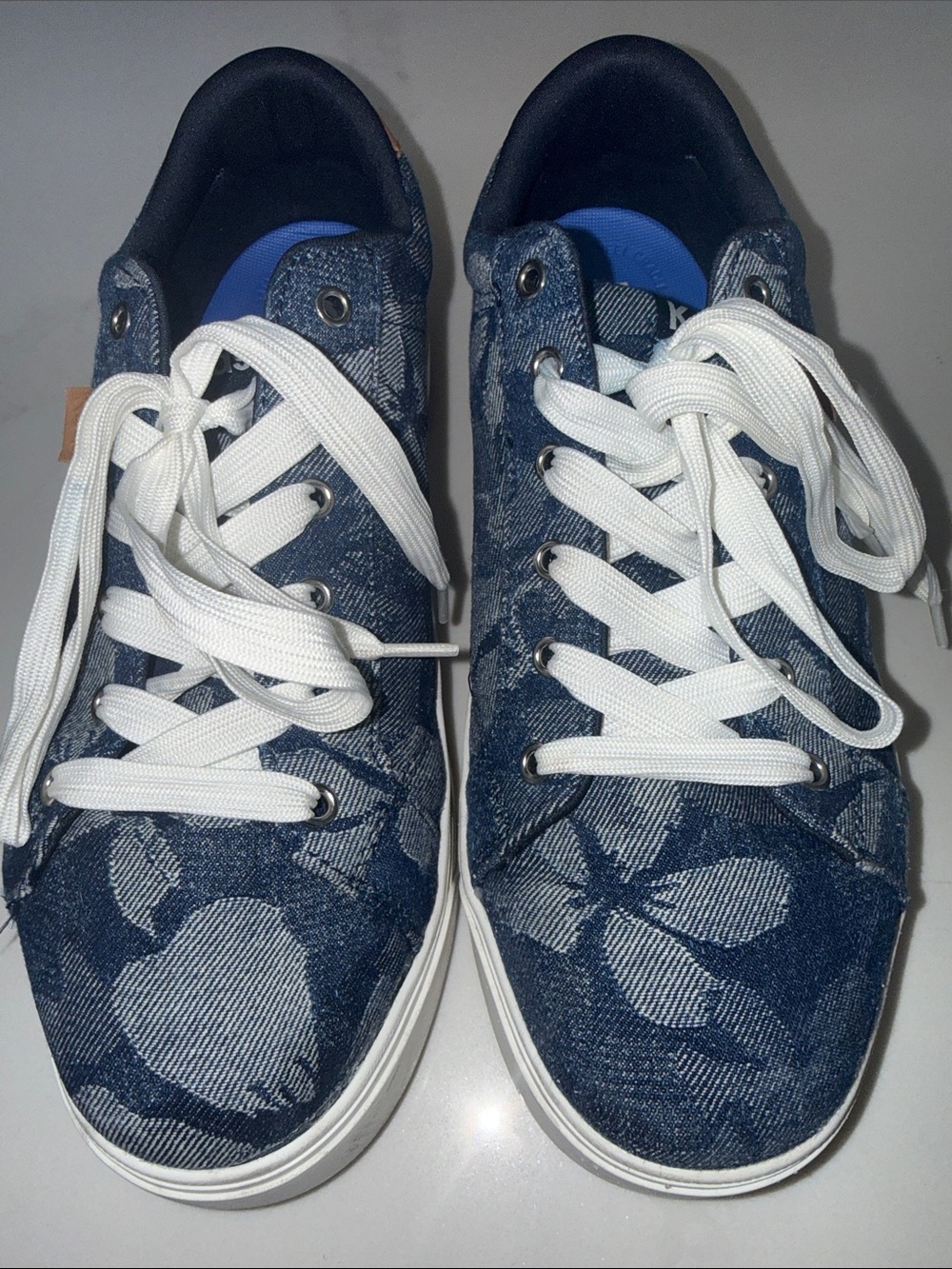 KEDS Denim Floral Lace-Up Sneakers in Blue, platforms, size 9W Women’s